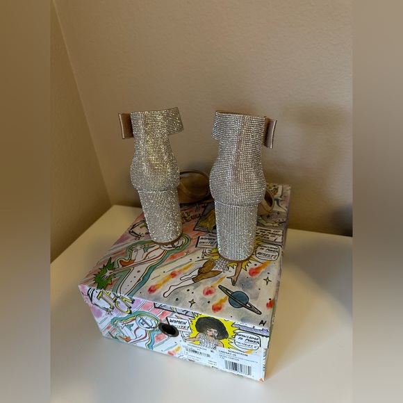 NWT Jeffery Campbell Lindsay Sandal Block Heel in Nude Suede Champagne Sparkle - Picture 10 of 12